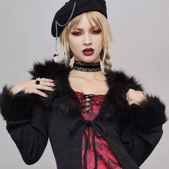 Widow (Dolls Kill) Forever Nocturnal Knit Duster Faux Fur Women's Size Large - Picture 2 of 10